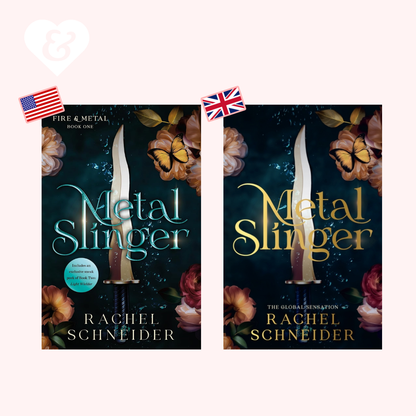 Two book covers for Rachel Schneider's 'Metal Slinger' displayed side by side on a pale pink background, with an American flag sticker on the left cover and a Union Jack flag sticker on the right cover.