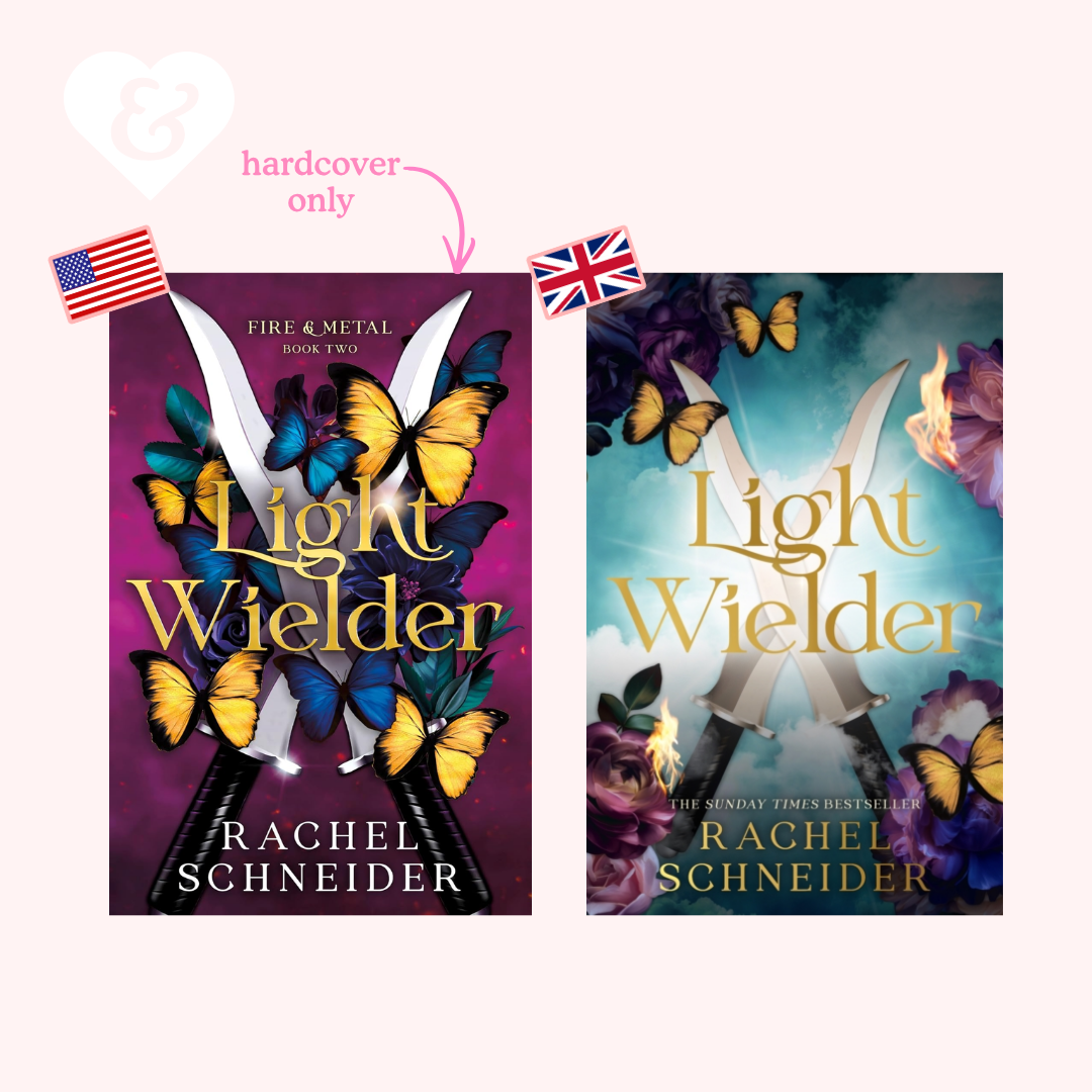 Two book covers for 'Light Wielder' by Rachel Schneider are shown side by side on a pale pink background, with a pink arrow and the words 'hardcover only' above them. One cover is magenta/purple with yellow and blue butterflies, and the other is blue/teal with purple flowers and butterflies.