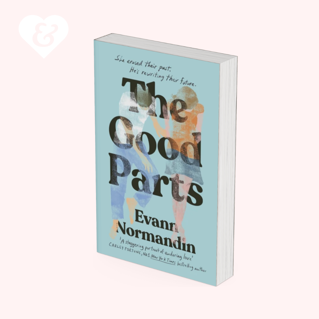 The Good Parts book by Evann Normandin, featuring a light blue cover with a watercolor illustration of two women and bold black title text, shown on a pale pink background.