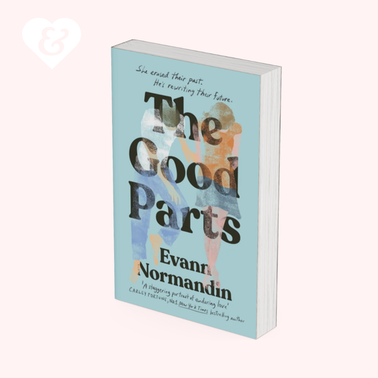 The Good Parts book by Evann Normandin, featuring a light blue cover with a watercolor illustration of two women and bold black title text, shown on a pale pink background.