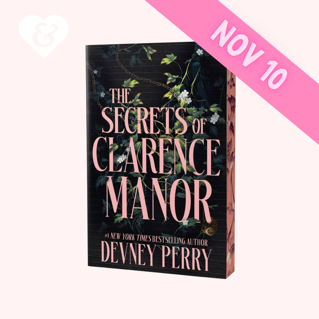 Book cover for 'The Secrets of Clarence Manor' by Devney Perry, shown at an angle with a pink 'NOV 10' banner overlay on a pale pink background.