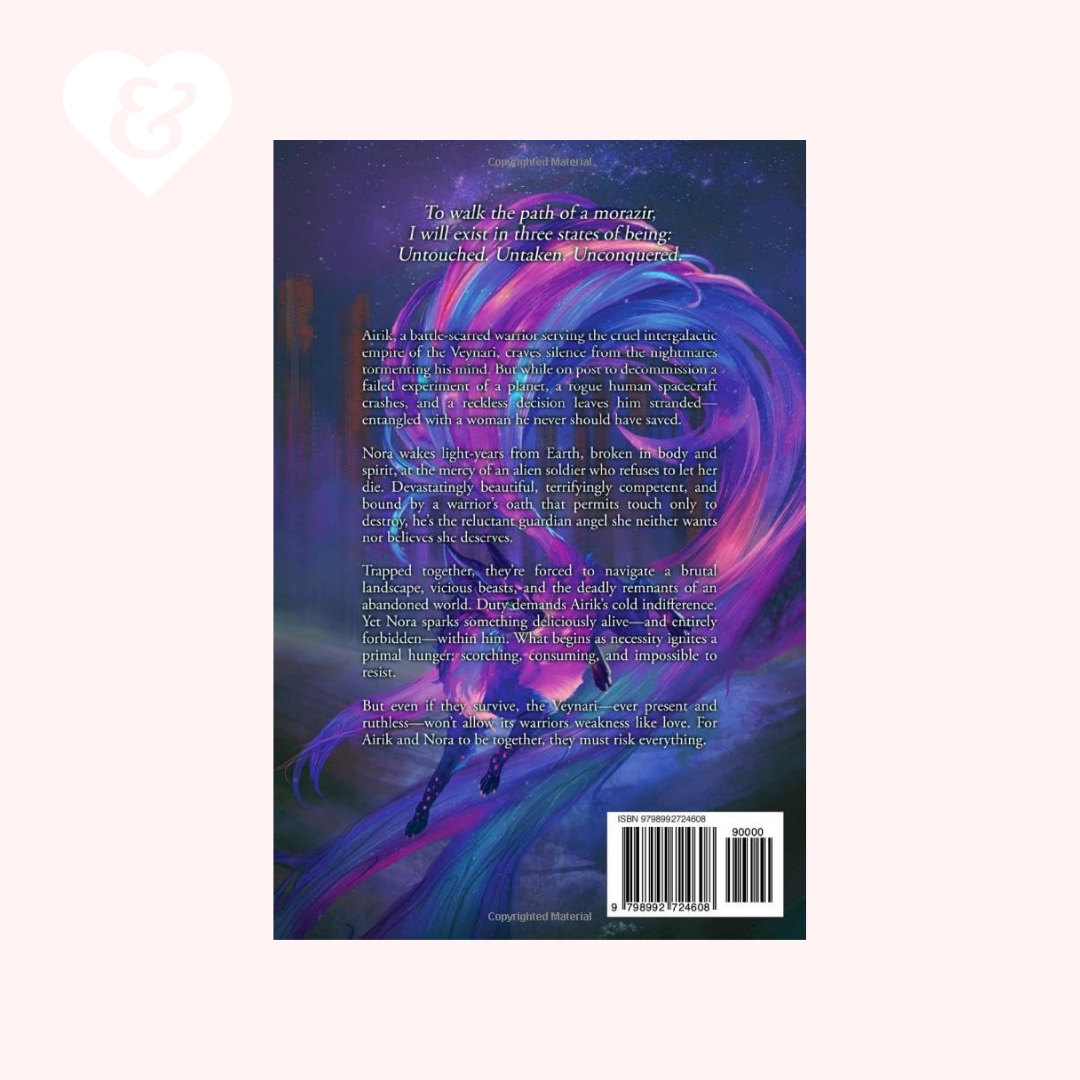 The back cover of a book featuring a dark purple and blue fantasy illustration with swirling magical energy, white text, and a barcode, set against a pale pink background with a faint heart logo in the top left.