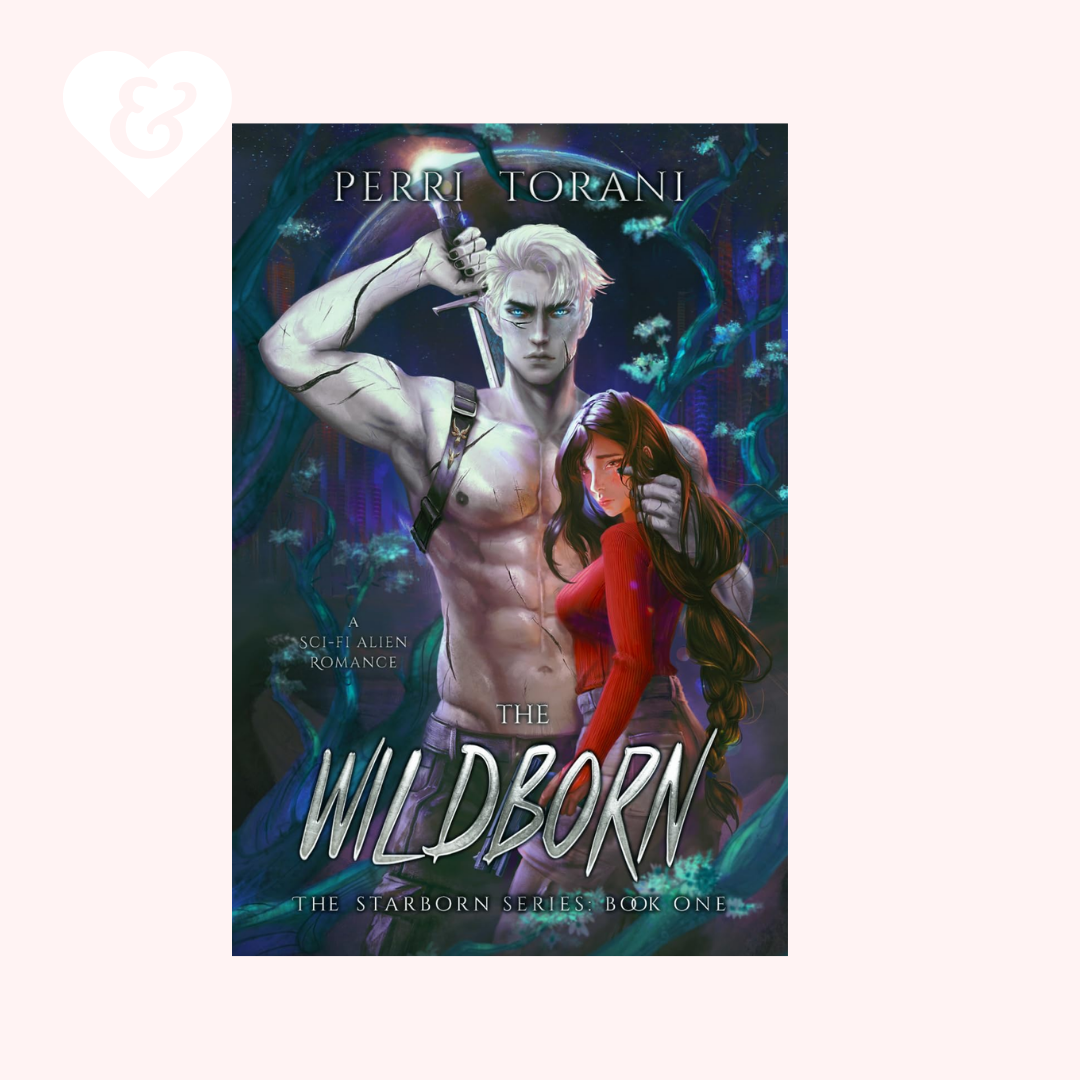 Book cover for 'The Wildborn' by Perri Torani, featuring a muscular pale man holding a sword and a woman in a red dress, set against a dark blue and purple fantasy background. The book is centered on a light pink background with a white heart logo in the top-left corner.