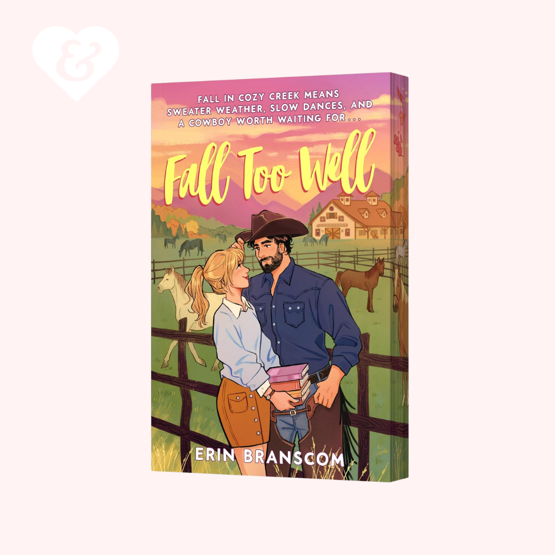A 3D book mockup of the novel 'Fall Too Well' by Erin Branscom, featuring a colorful illustrated cover with a cowboy and a woman in a farm setting, shown against a pale pink background.