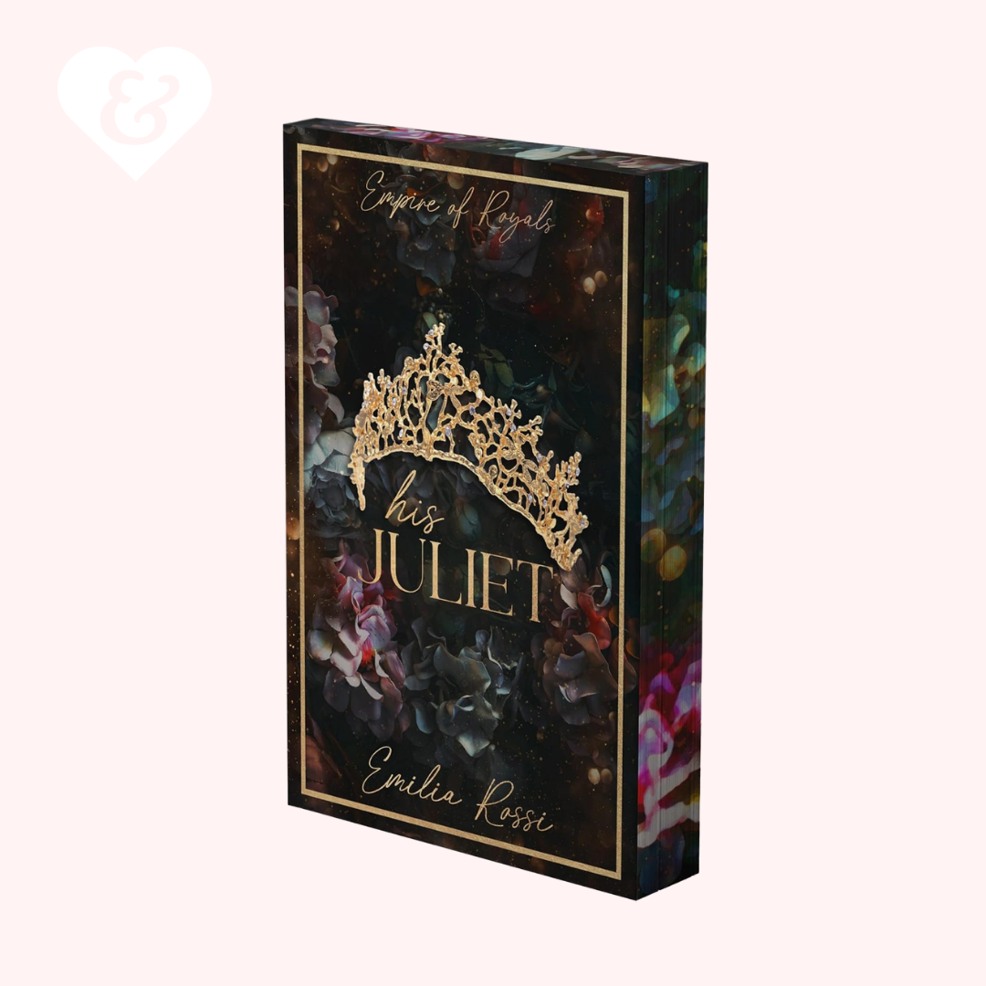 Book cover for 'His Juliet' by Emilia Rossi, featuring a dark, gothic design with a gold tiara illustration and gold lettering, set against a light pink background.