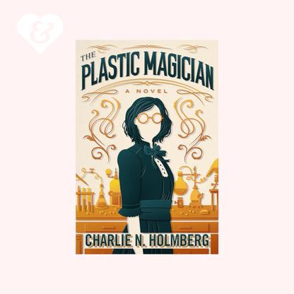 Book cover of 'The Plastic Magician' by Charlie N. Holmberg with a stylized illustration of a woman and decorative elements.