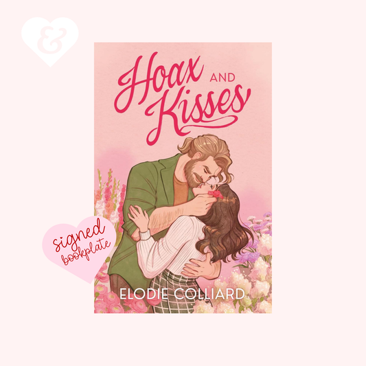 Book cover of 'Hoax and Kisses' by Elodie Colliard with a couple embracing on a pink background.