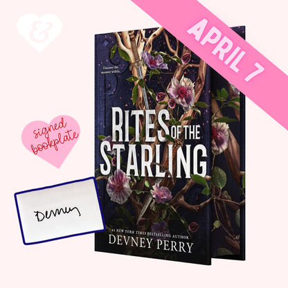 Book titled 'Rites of the Starling' with a signed bookplate and pink banner indicating April 7th.