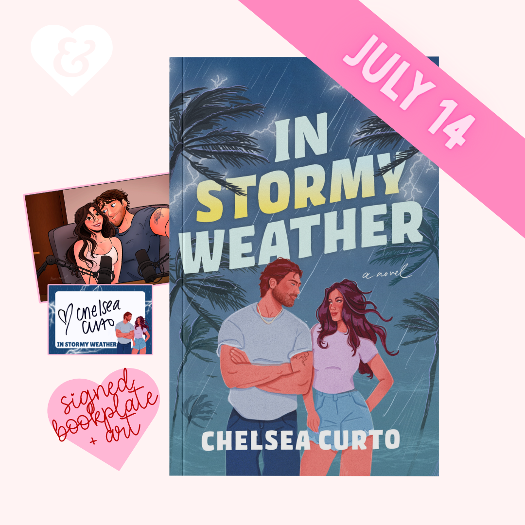 Book cover of 'In Stormy Weather' by Chelsea Curto with promotional text and images.