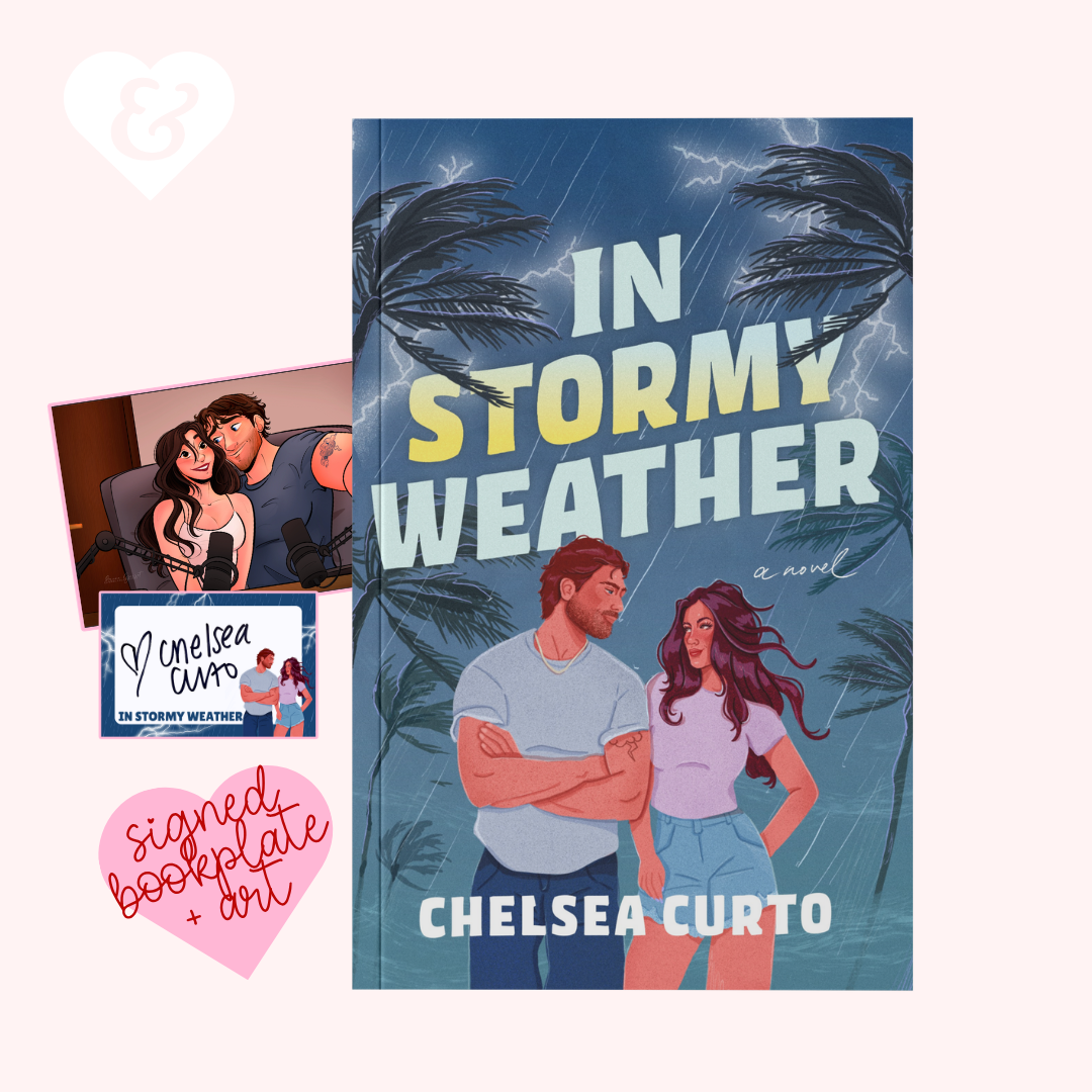 Book cover of 'In Stormy Weather' by Chelsea Curto with a signed bookplate and heart design.