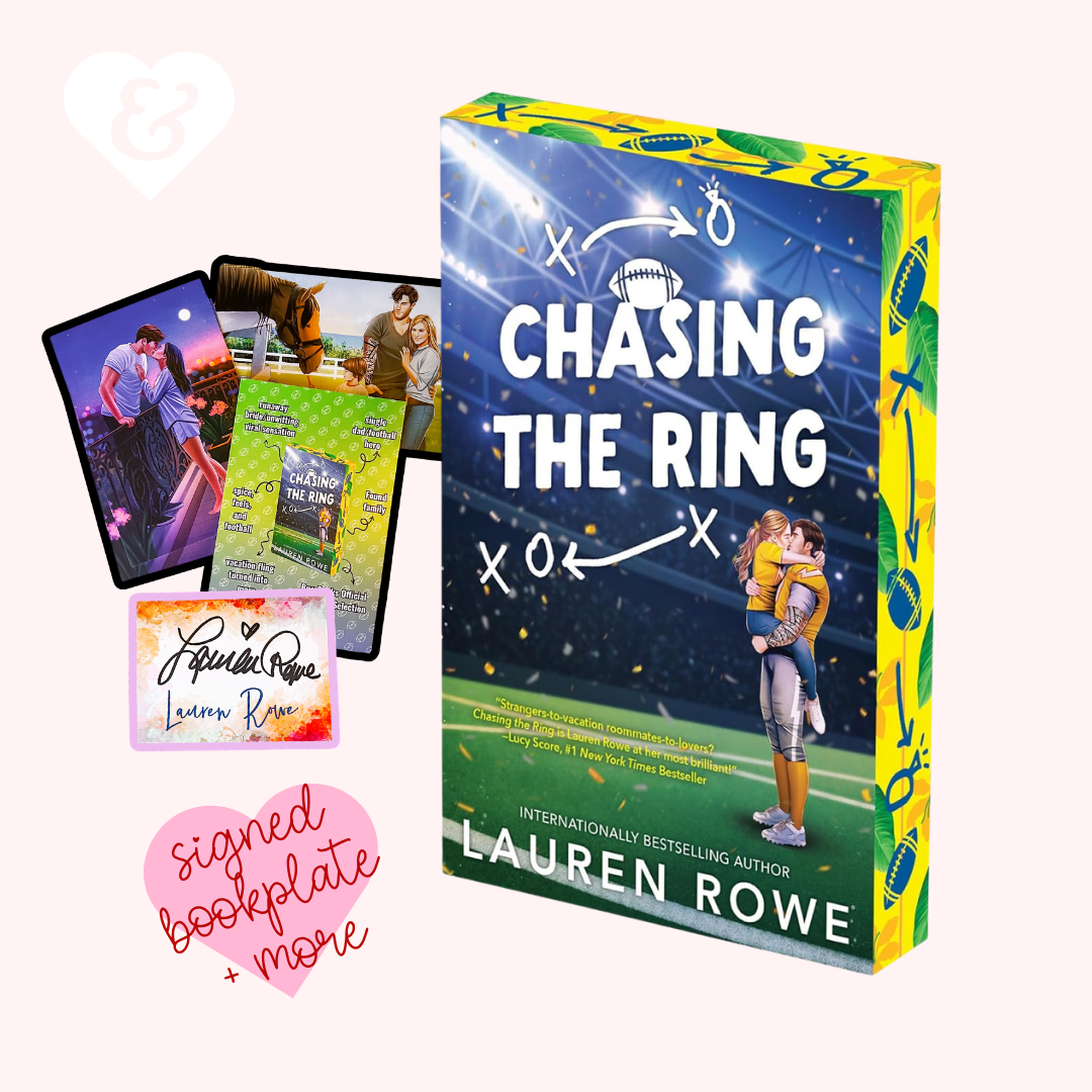 Book titled 'Chasing the Ring' by Lauren Rowe with game cards and a signed bookplate on a white background.