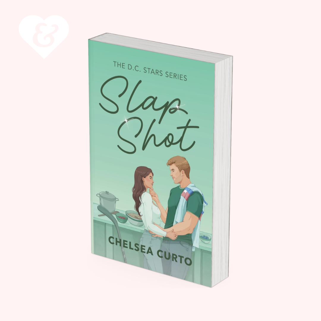 Book cover of 'Slap Shot' by Chelsea Curto with a couple embracing on a kitchen counter.