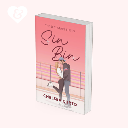 Book cover of 'Sin Bin' by Chelsea Curto with a pink background and illustration of two people.