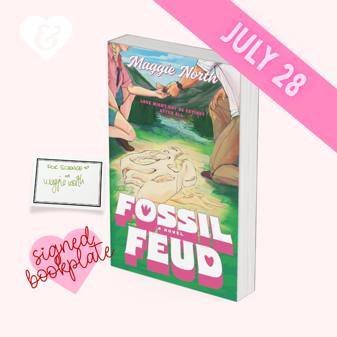 The book "Fossil Feud" by Maggie North with a signed bookplate and release date text of "July 28".
