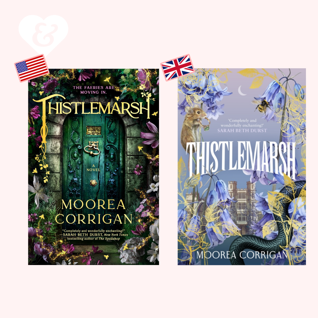 Two book covers of 'Thistlemarsh' by Moorea Corrigan with decorative elements.