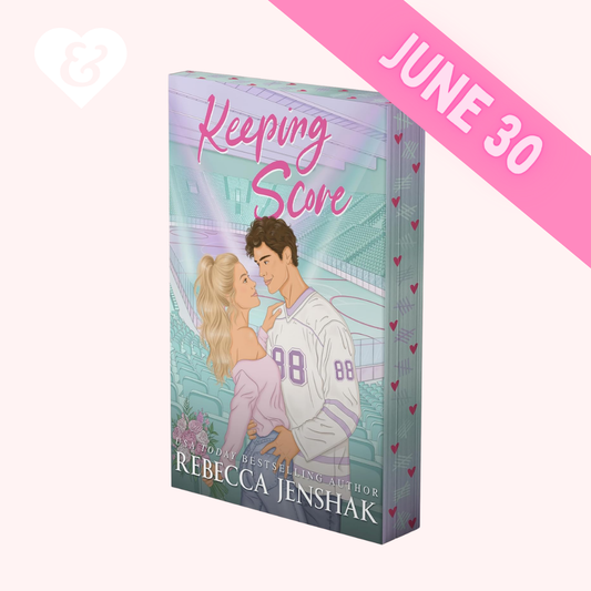Book cover of 'Keeping Score' by Rebecca Jenshak with a couple embracing at an arena