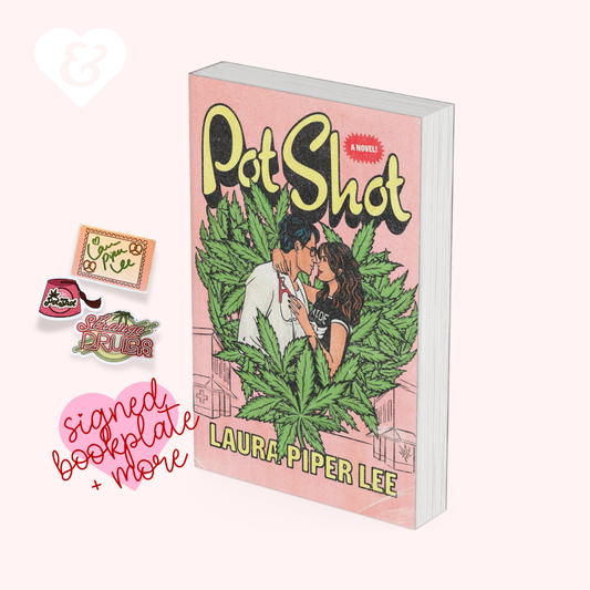 Book titled 'Pot Shot' by Laura Piper Lee with a pink background and text overlay.