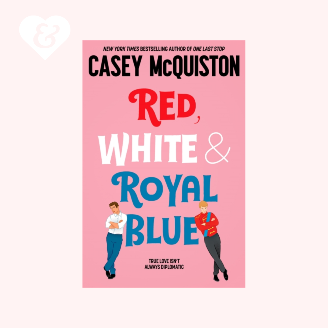 Book titled 'Red, White & Royal Blue' by Casey McQuiston on a white background