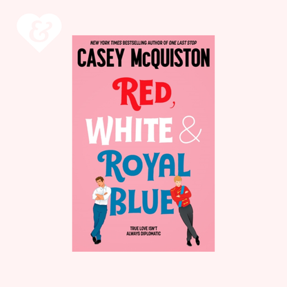 Book titled 'Red, White & Royal Blue' by Casey McQuiston on a white background