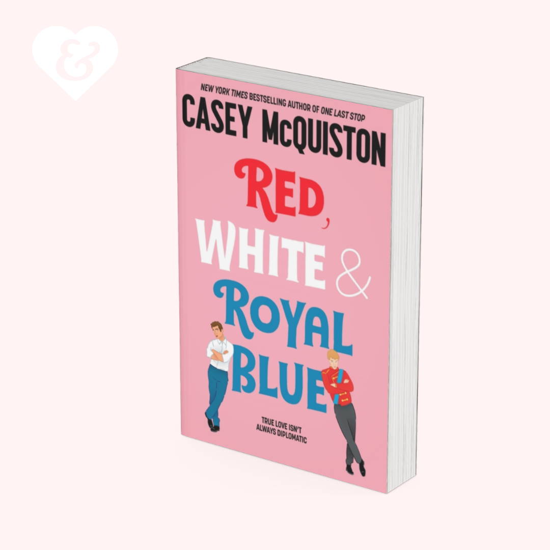 Book titled 'Red, White & Royal Blue' by Casey McQuiston on a white background