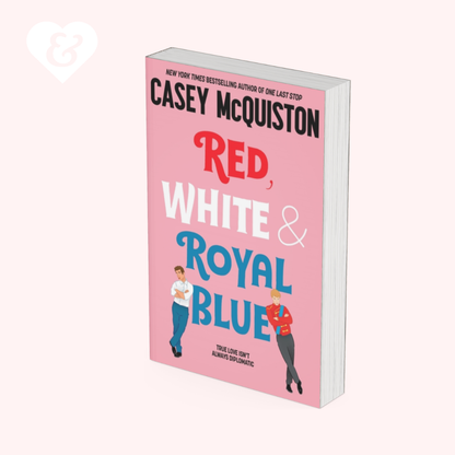 Book titled 'Red, White & Royal Blue' by Casey McQuiston on a white background
