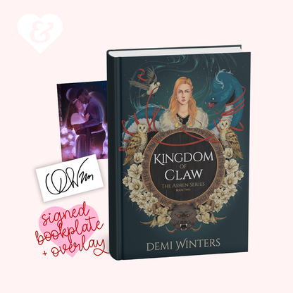 Book titled 'Kingdom of Claw' by Demi Winters with a signed bookplate overlay on a white background.