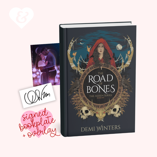 Book titled 'The Road of Bones' by Demi Winters with a signed bookplate overlay on a white background.