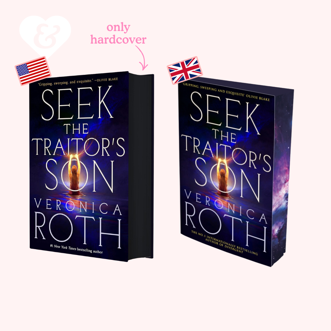 Two copies of 'Seek the Traitor's Son' by Veronica Roth with American and British flags.