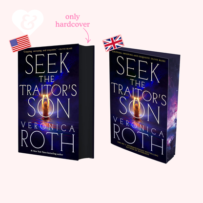 Two copies of 'Seek the Traitor's Son' by Veronica Roth with American and British flags.