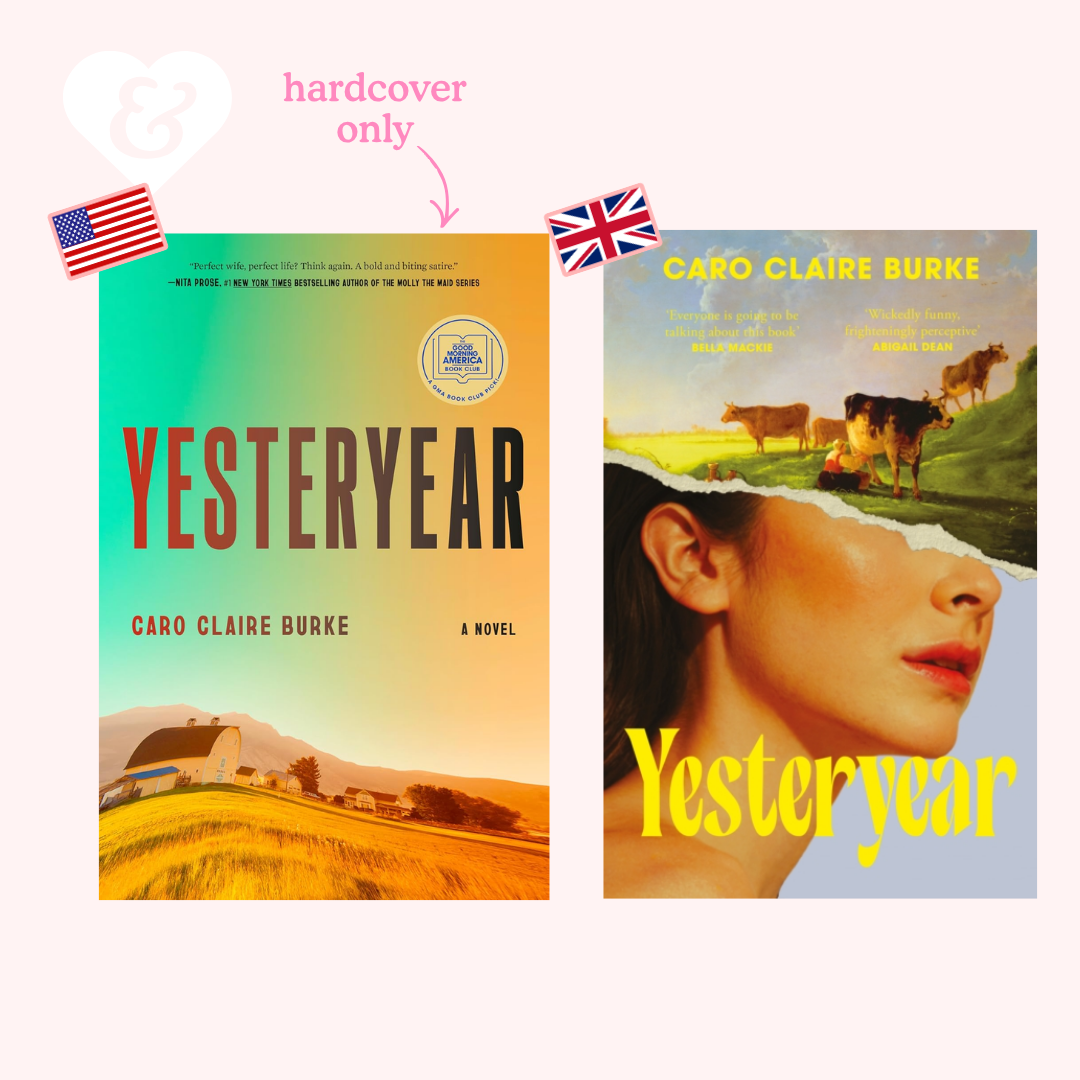 Two book covers of 'Yesteryear' by Caro Claire Burke, one with a scenic landscape and the other with a woman's face.