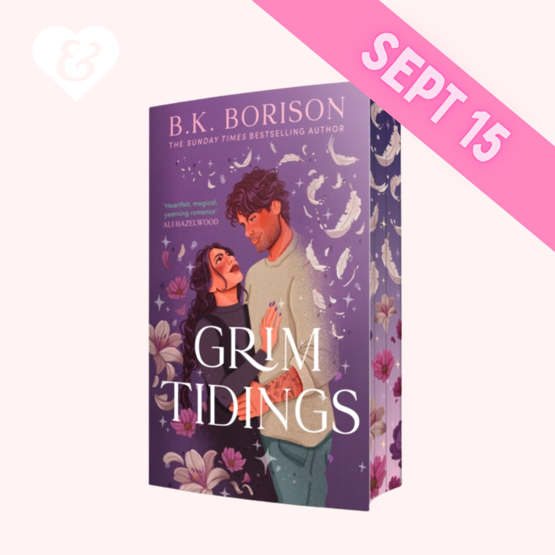 The cover of "Grim Tidings" by BK Borison showing a couple embracing with flowers and feathers around them and a banner with "Sept 15"