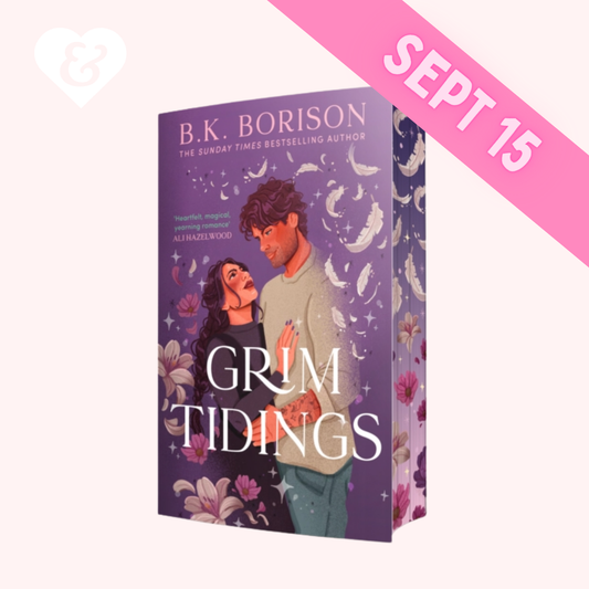 The cover of "Grim Tidings" by BK Borison showing a couple embracing with flowers and feathers around them and a banner with "Sept 15"