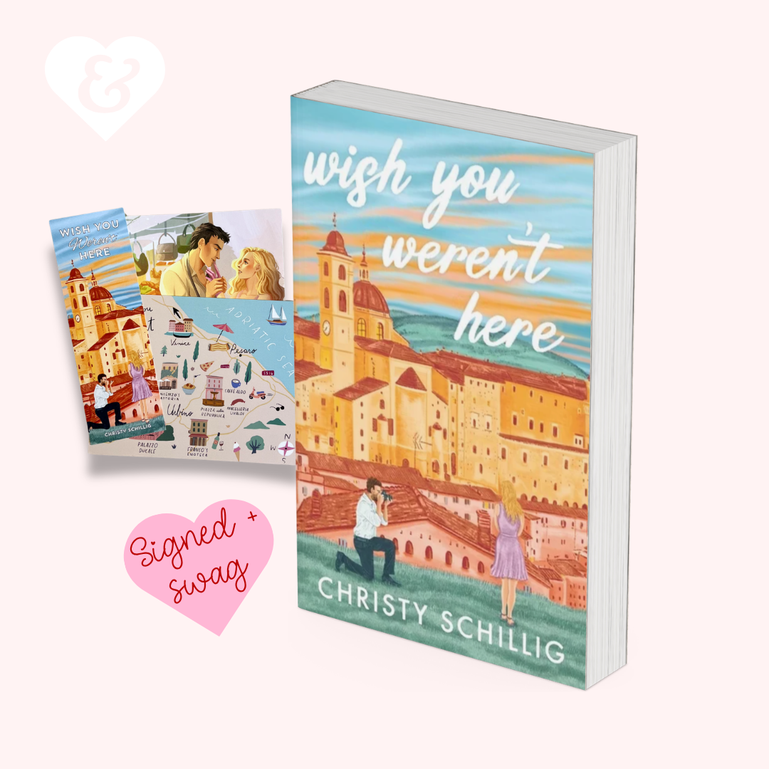 Book titled 'Wish You Werent Here' by Christy Schilling with a signed swag heart on a white background