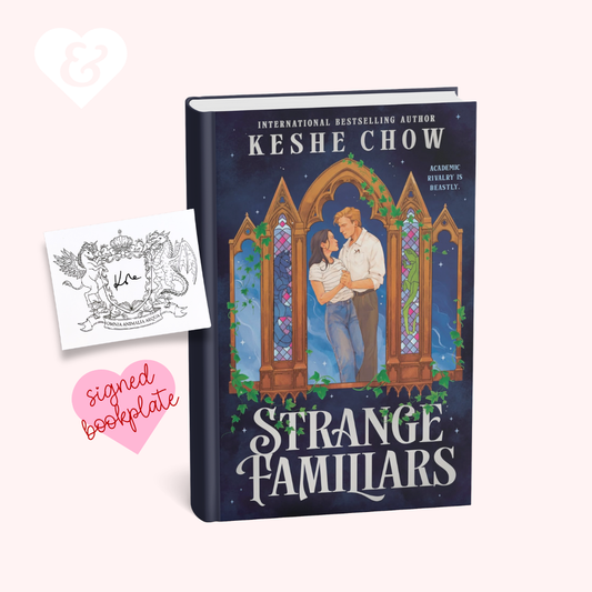 Book titled 'Strange Familiars' by Keshe Chow with a signed bookplate on a white background