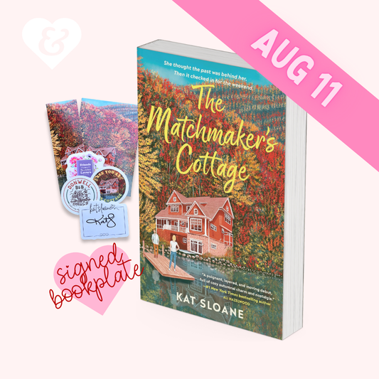 Book 'The Matchmaker's Cottage' by Kat Sloane with promotional items on a white background