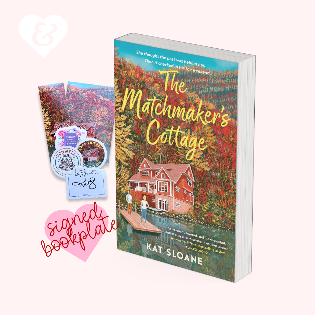 Book 'The Matchmaker's Cottage' by Kat Sloane with a signed bookplate and scenic postcards on a white background