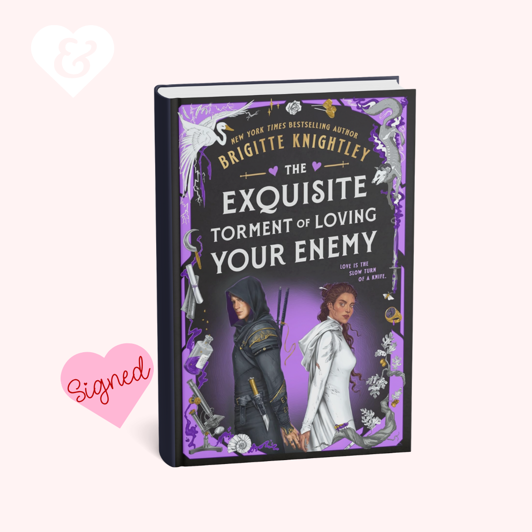 Book titled 'The Exquisite Torment of Loving Your Enemy' by Brigitte Knightley on a white background with a heart that says "signed"