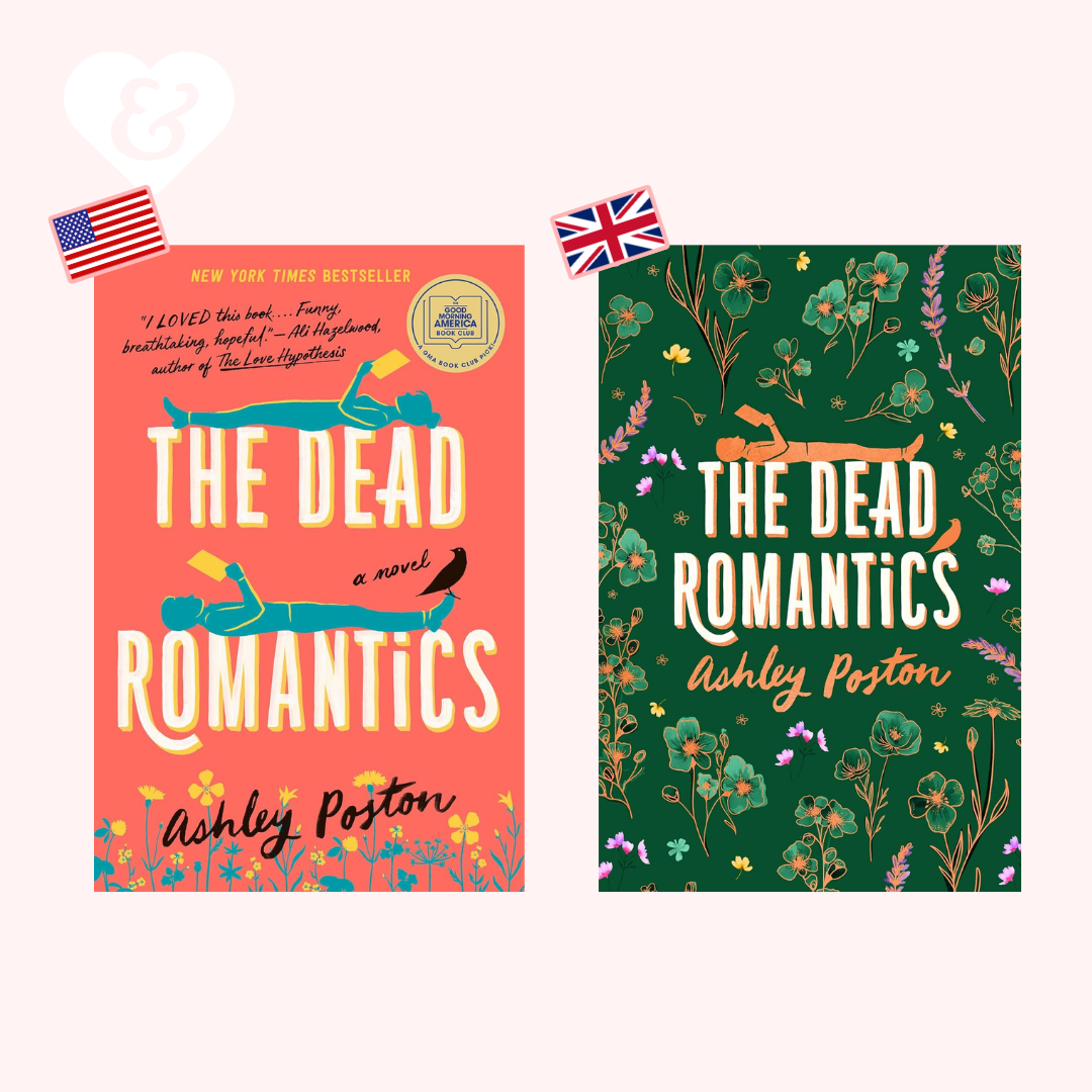 Two book covers of 'The Dead Romantics' by Ashley Poston, one with a pink background and the other with a green floral pattern.