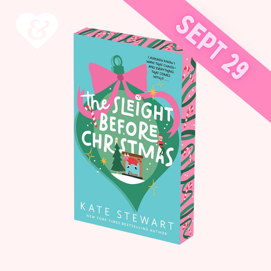 Book cover for 'The Sleigh Before Christmas' by Kate Stewart, shown as a 3D box mockup on a pale pink background with a pink 'SEPT 29' banner overlay.