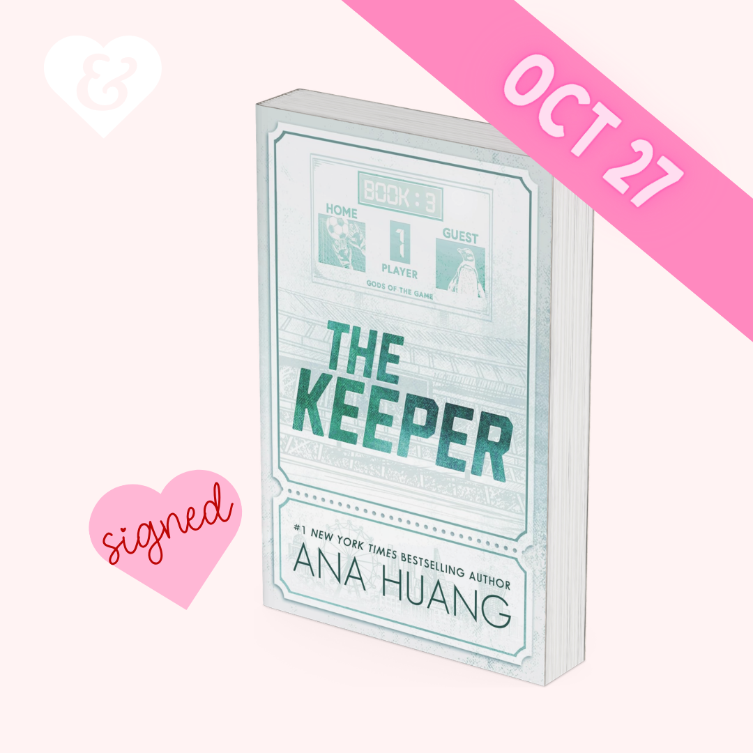 A boxed book cover for 'The Keeper' by Ana Huang, shown on a pale pink background with a pink diagonal banner reading 'OCT 27', a pink 'signed' heart, and a white ampersand heart.