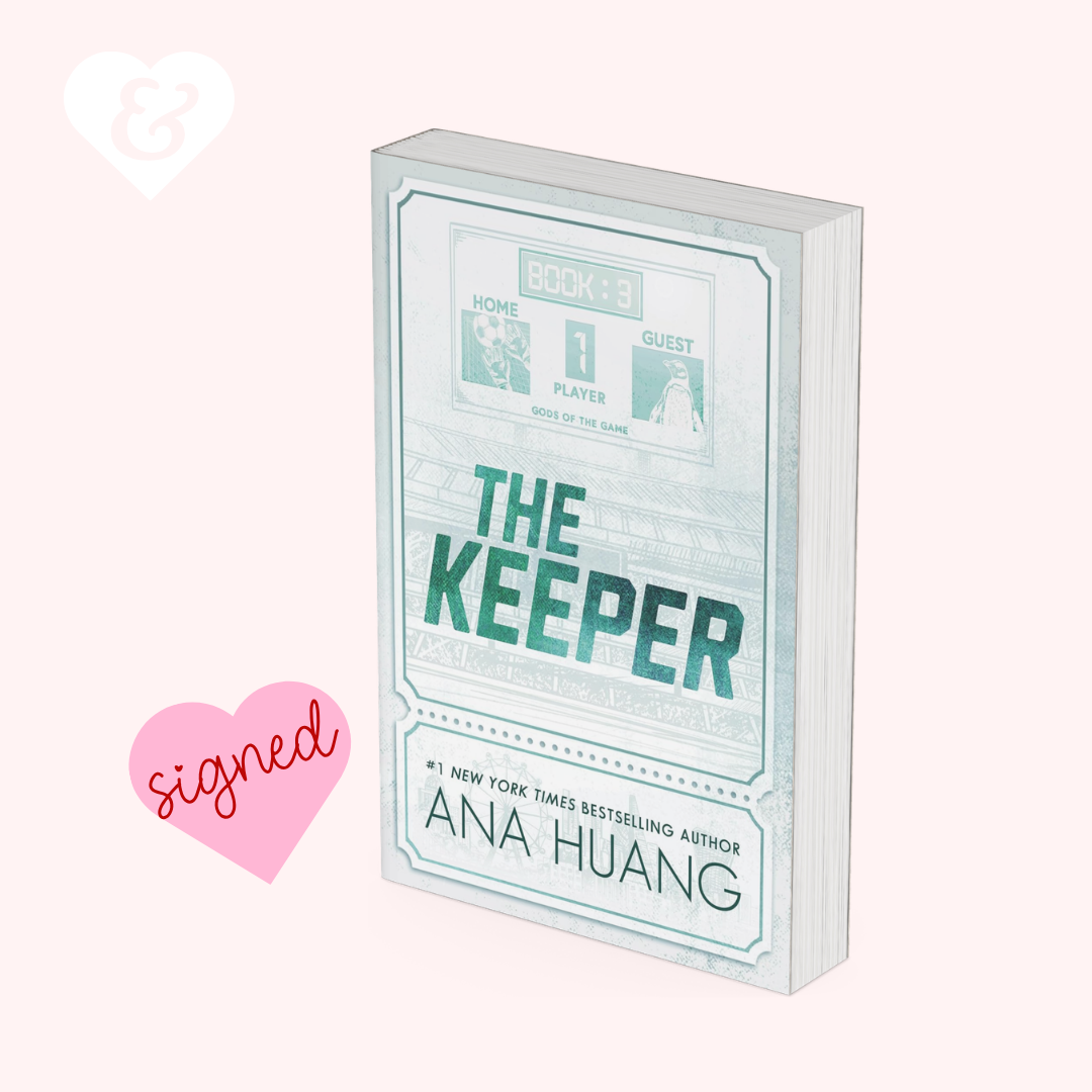 A boxed book cover for 'The Keeper' by Ana Huang, shown on a pale pink background with a pink 'signed' heart graphic and a white ampersand heart in the corner.