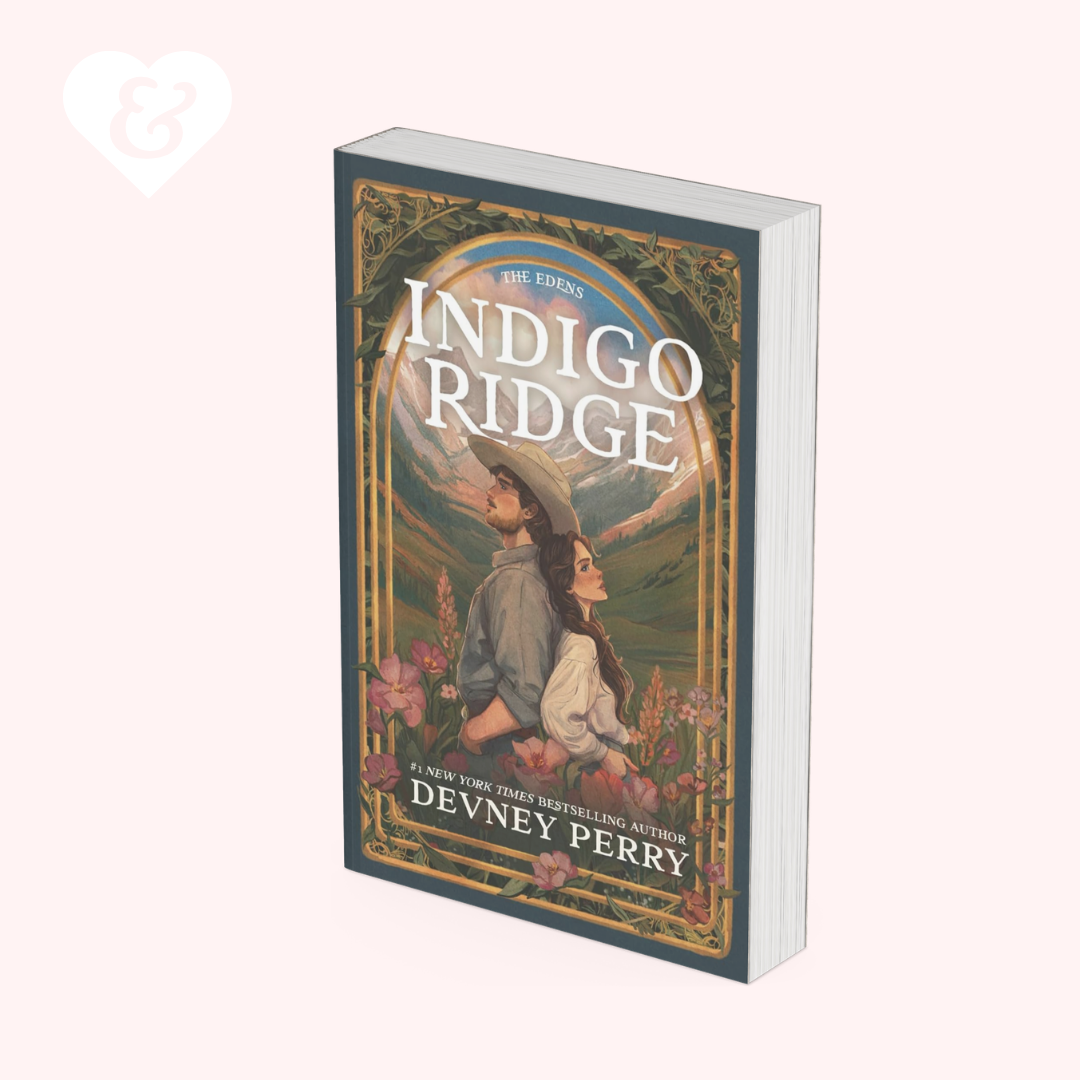 Book cover of 'Indigo Ridge' by Devney Perry with a couple in a field and decorative border.