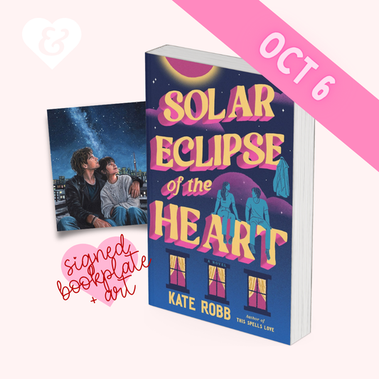 Book cover for 'Solar Eclipse of the Heart' by Kate Robb, shown as a 3D book mockup with a pink 'OCT 6' banner and a small signed bookplate graphic on a pale pink background.