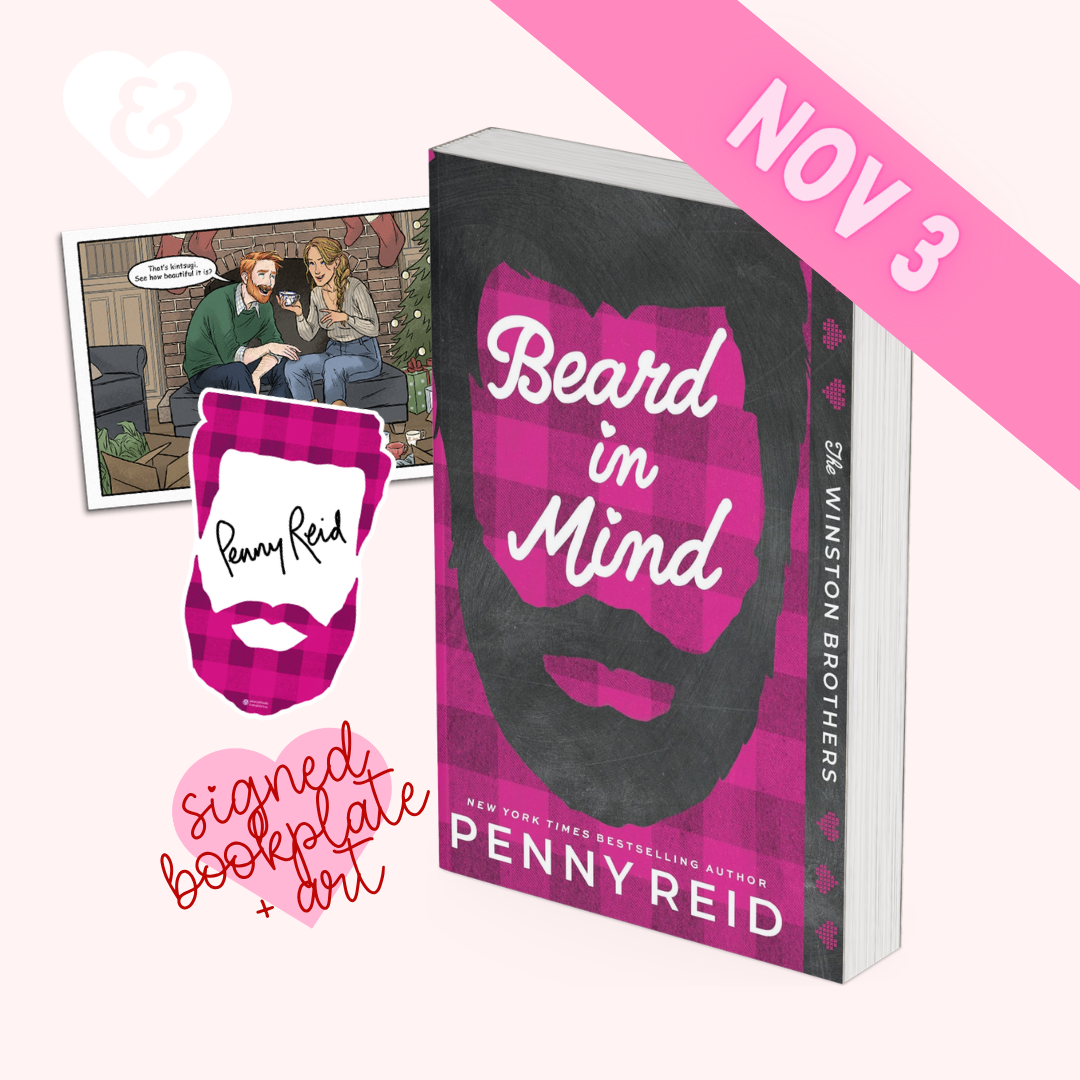 Book cover for 'Beard in Mind' by Penny Reid, shown as a 3D book mockup on a pale pink background with a pink diagonal banner reading 'NOV 3'. The cover features a black silhouette of a beard over a pink plaid pattern, with the title in white script.