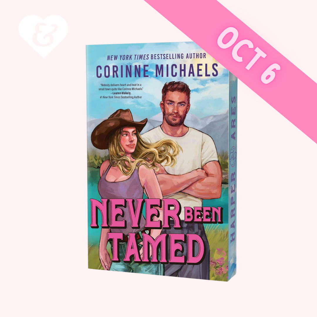 Book cover for 'Never Been Tamed' by Corinne Michaels, featuring an illustrated cowboy and woman on the front, with a pink diagonal banner reading 'OCT 6' on a pale pink background.