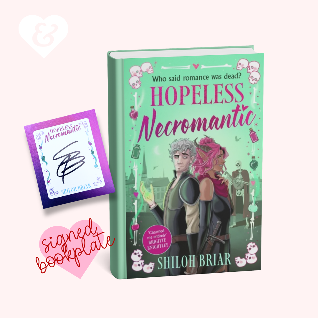 A signed copy of the book 'Hopeless Necromantic' by Shiloh Briar, shown with its mint green cover and a separate purple autograph bookplate on a pale pink background.