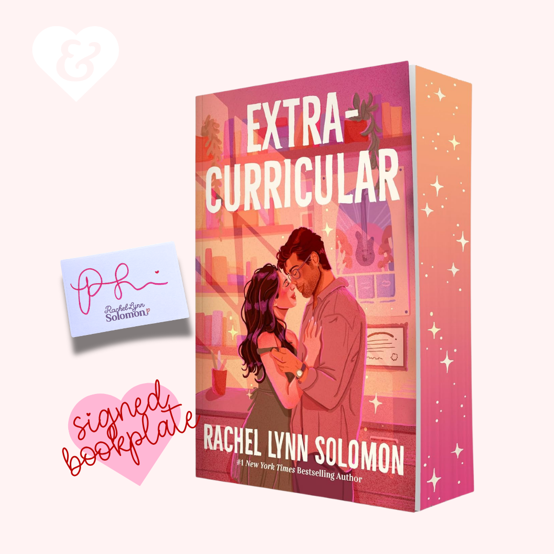 Book cover mockup for the novel 'Extra-Curricular' by Rachel Lynn Solomon, shown as a pink and orange illustrated box with a couple embracing on the front. A small card reading 'P.