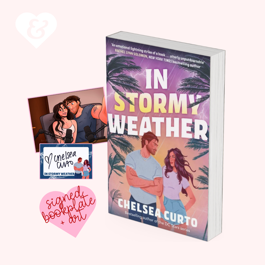Book cover for 'In Stormy Weather' by Chelsea Curto, shown upright on a pale pink background with a small illustrated couple photo, a branded card, and a pink heart-shaped 'signed bookplate + ori' graphic.