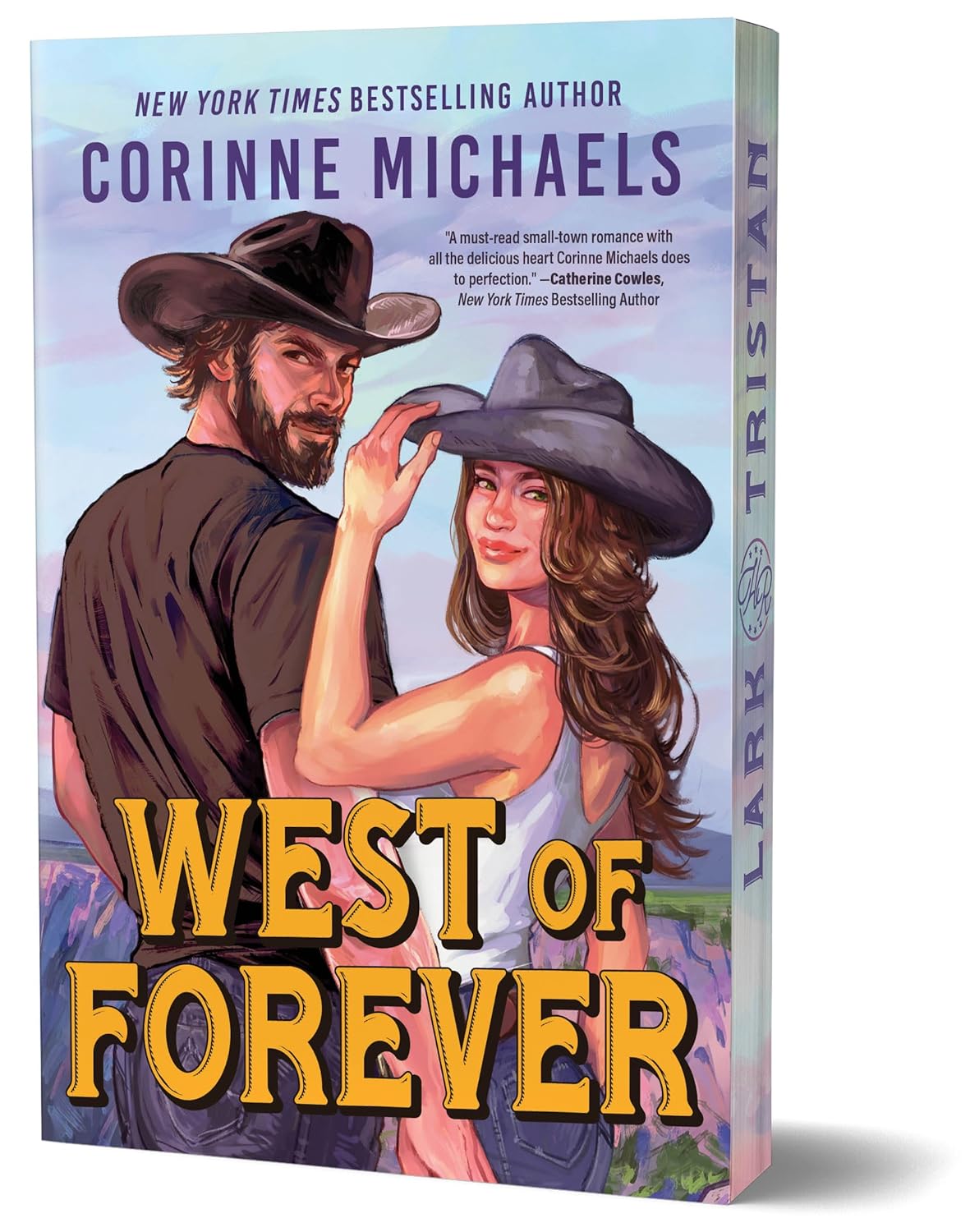Book cover of 'West of Forever' by Corinne Michaels featuring a couple in cowboy hats.