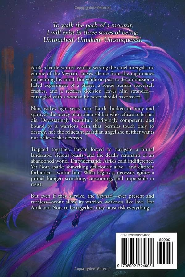 Back cover of a book featuring a dramatic purple and blue cosmic illustration with white text, including a title, synopsis, ISBN, and barcode.